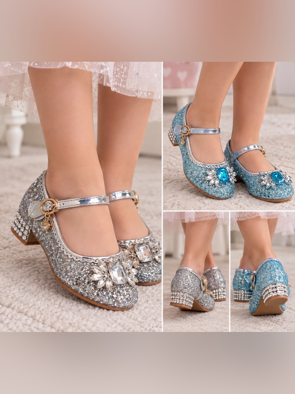 Blue & Silver Sparkling Glitter Dress Up Shoes Little Girls size 1Youth